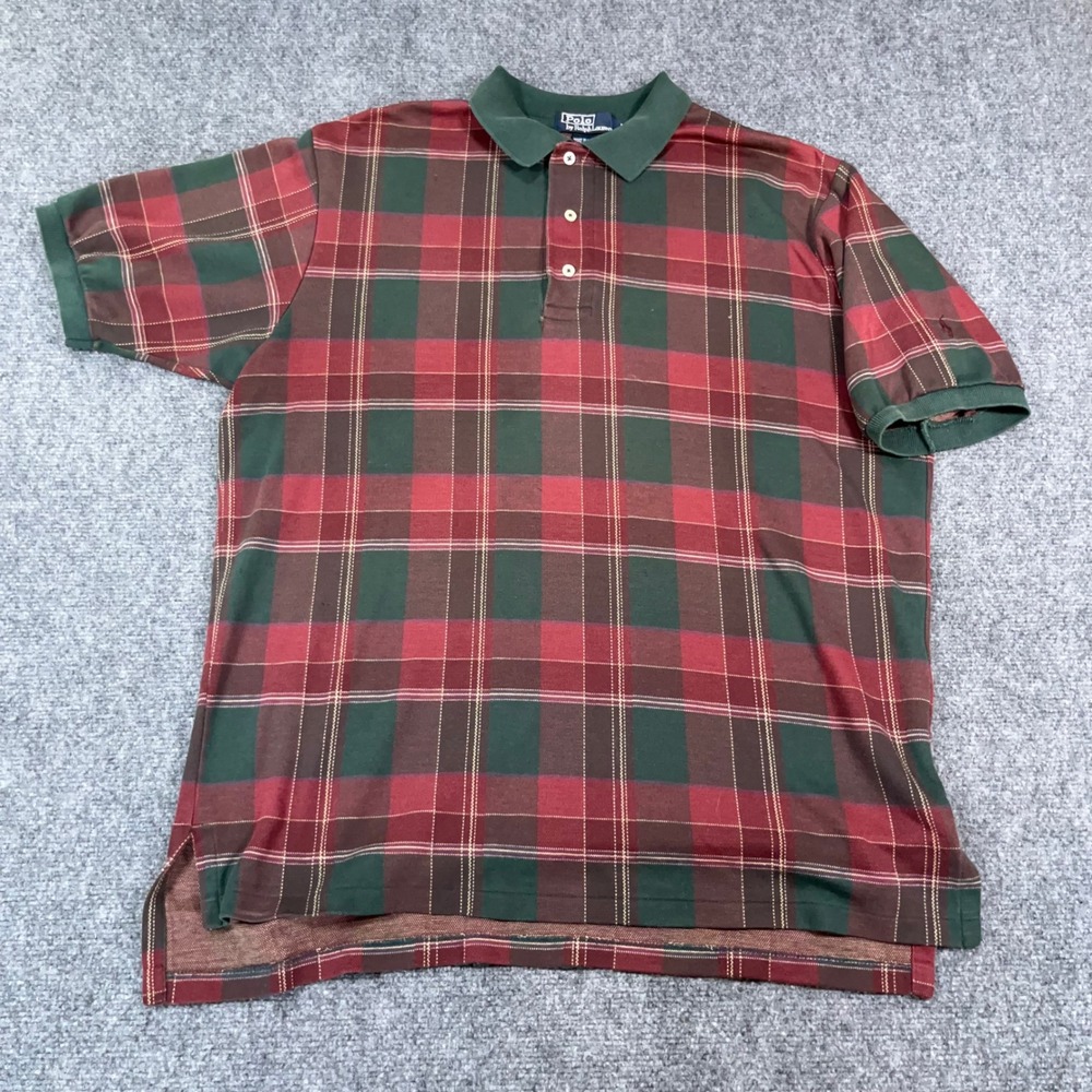 VTG Polo Ralph Lauren Plaid Polo Shirt Mens Large Made in USA Cotton Grandpa